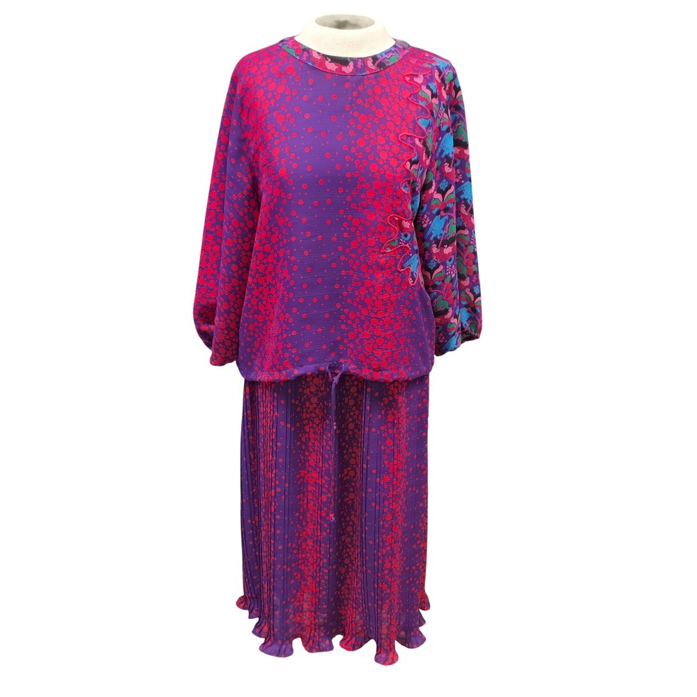 Diane Freis Skirt Set Womens OS Purple Red Good Polka Dot Pleated 2pc Vintage